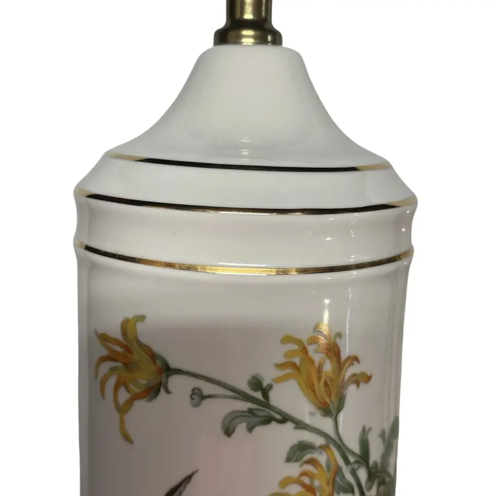 Vintage Pair White Gold Trim Ceramic Table Lamps With Floral Birds Butterflies